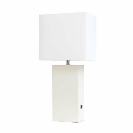 FEELTHEGLOW Modern Leather Table Lamp with USB & White Fabric Shade, White FE2519740